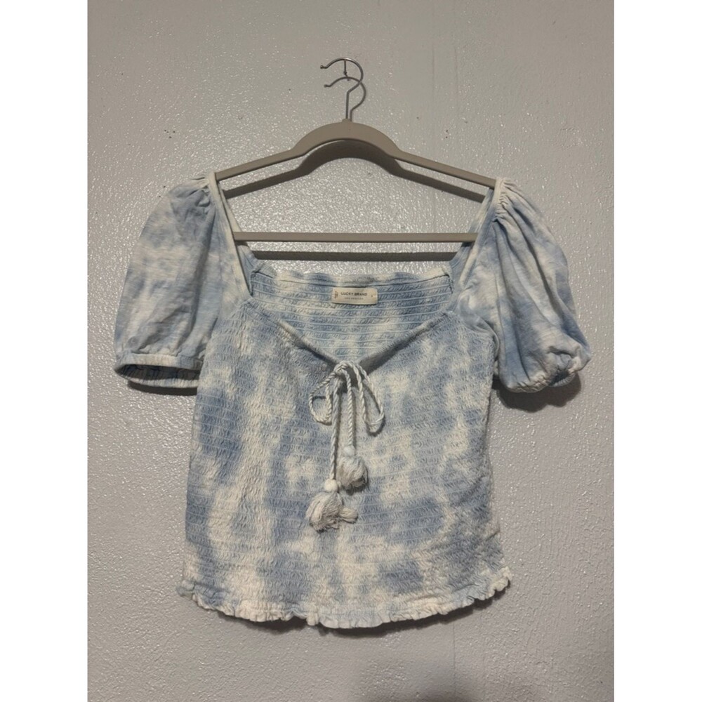 Lucky Brand Blue White Tie Dye Smocked Puff Sleeve Boho Cropped Peasant Top S